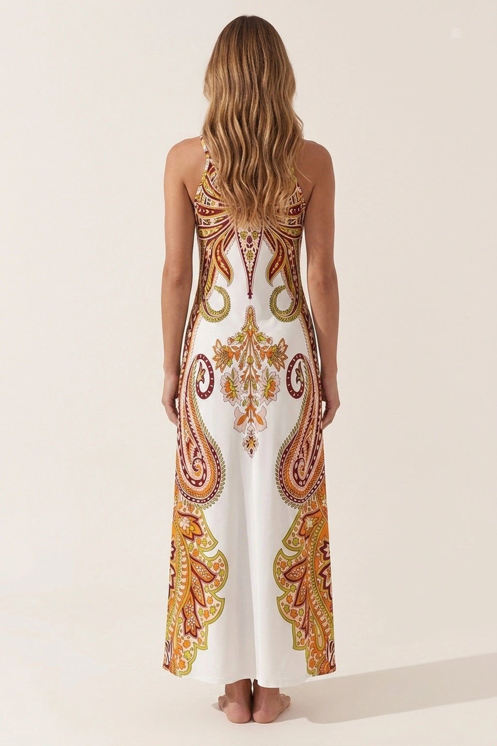 Robe bohème longue imprimée à bretelles jaune Zélie vue de dos par Élena
