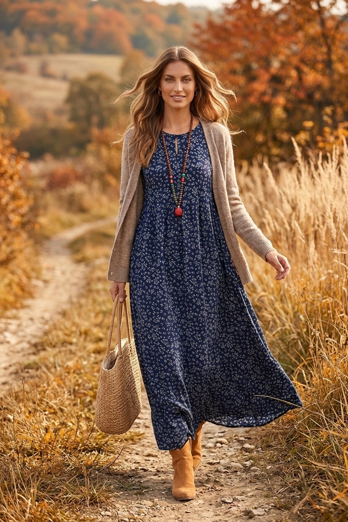 Robe bohème longue fleurie Naëlle Bleu  marine en lifestyle campagne automne avec Élena Image