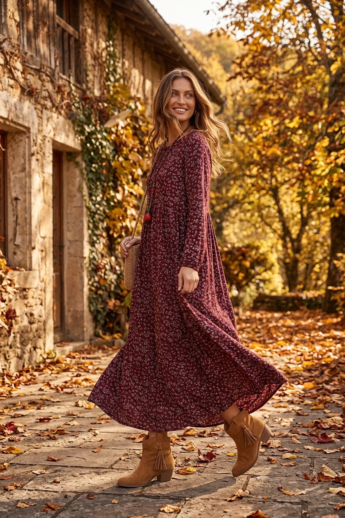 Robe bohème longue fleurie Naëlle Rouge vin en lifestyle automne avec Élena; Elle porte des bottines en cuir camel et un caba beige sur l'épaule. 