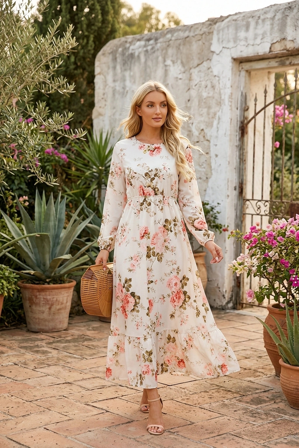 Robe bohème longue fleurie Apolline crème fleuri rose en jardin méditerranéen avec Chloé