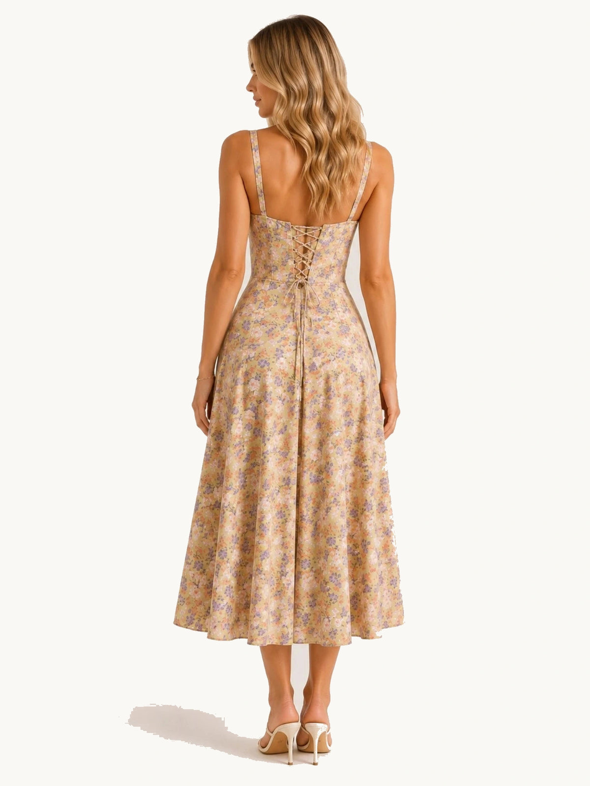 Dos de la robe midi fleurie bicolore avec laçage style corset, coupe cintrée et jupe fluide, mettant en valeur une silhouette élégante pour les cérémonies, vacances d'été et événements romantiques.