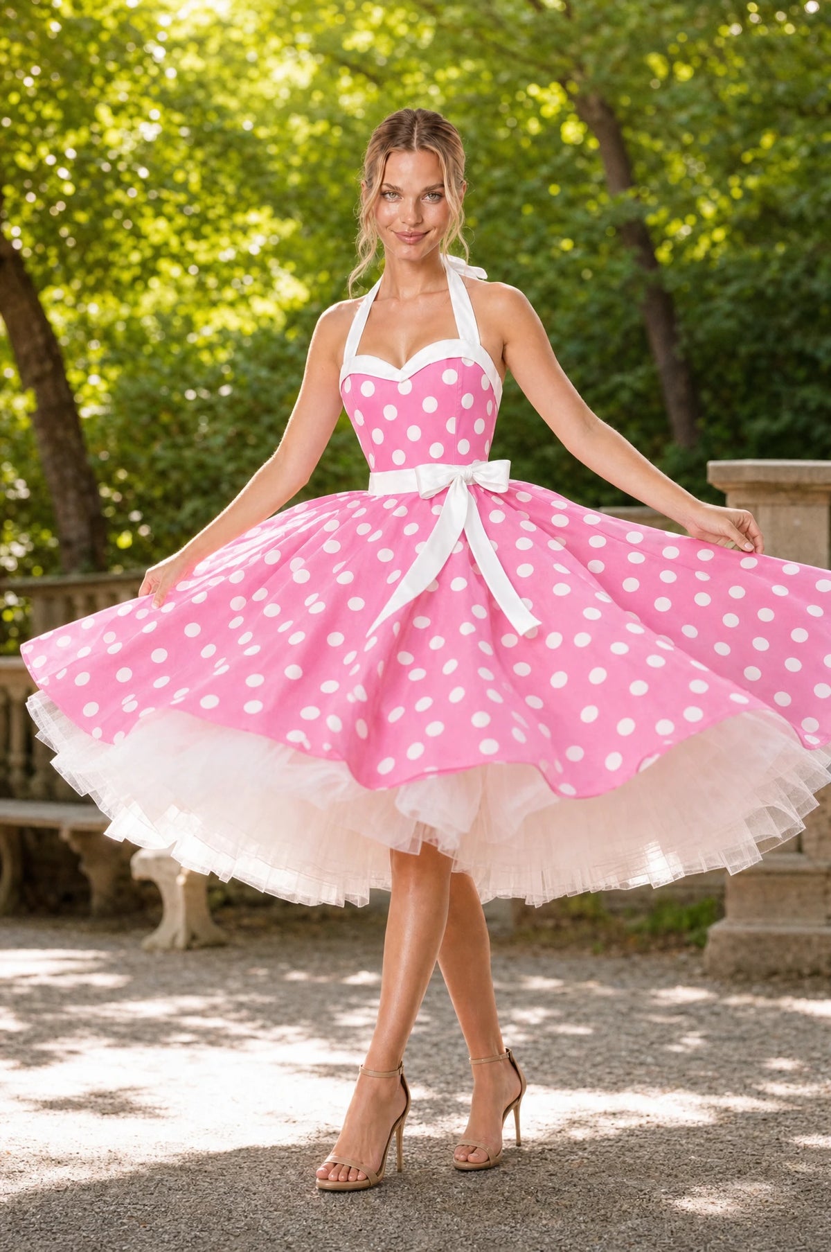 Aude en tourbillon dans un jardin portant la robe vintage rose à pois Simone avec le jupon crinoline blanc, jupe qui virevolte et laisse voir le volume du tulle, ambiance ensoleillée