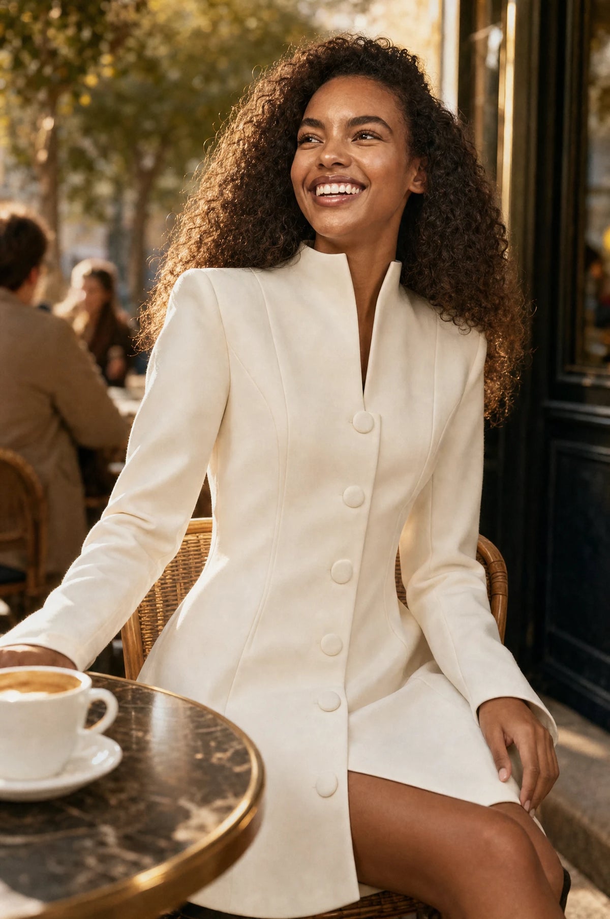 Robe blazer blanche Noa portée par Inaya en terrasse de café en fin d'après-midi, lumière dorée, tasse de café sur la table, ambiance chic et détendue Image