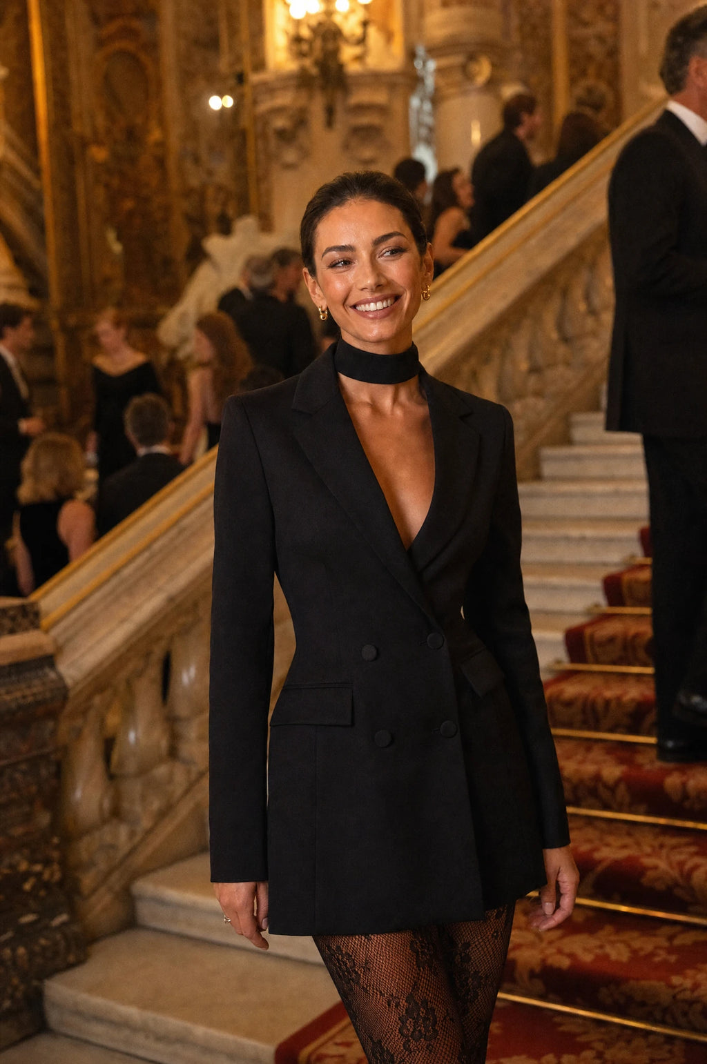 Robe blazer noire décolletée Alma portée par Nath dans le grand escalier doré d'un théâtre le soir à l'entracte, invités en tenue de soirée flous en arrière-plan, ambiance glamour