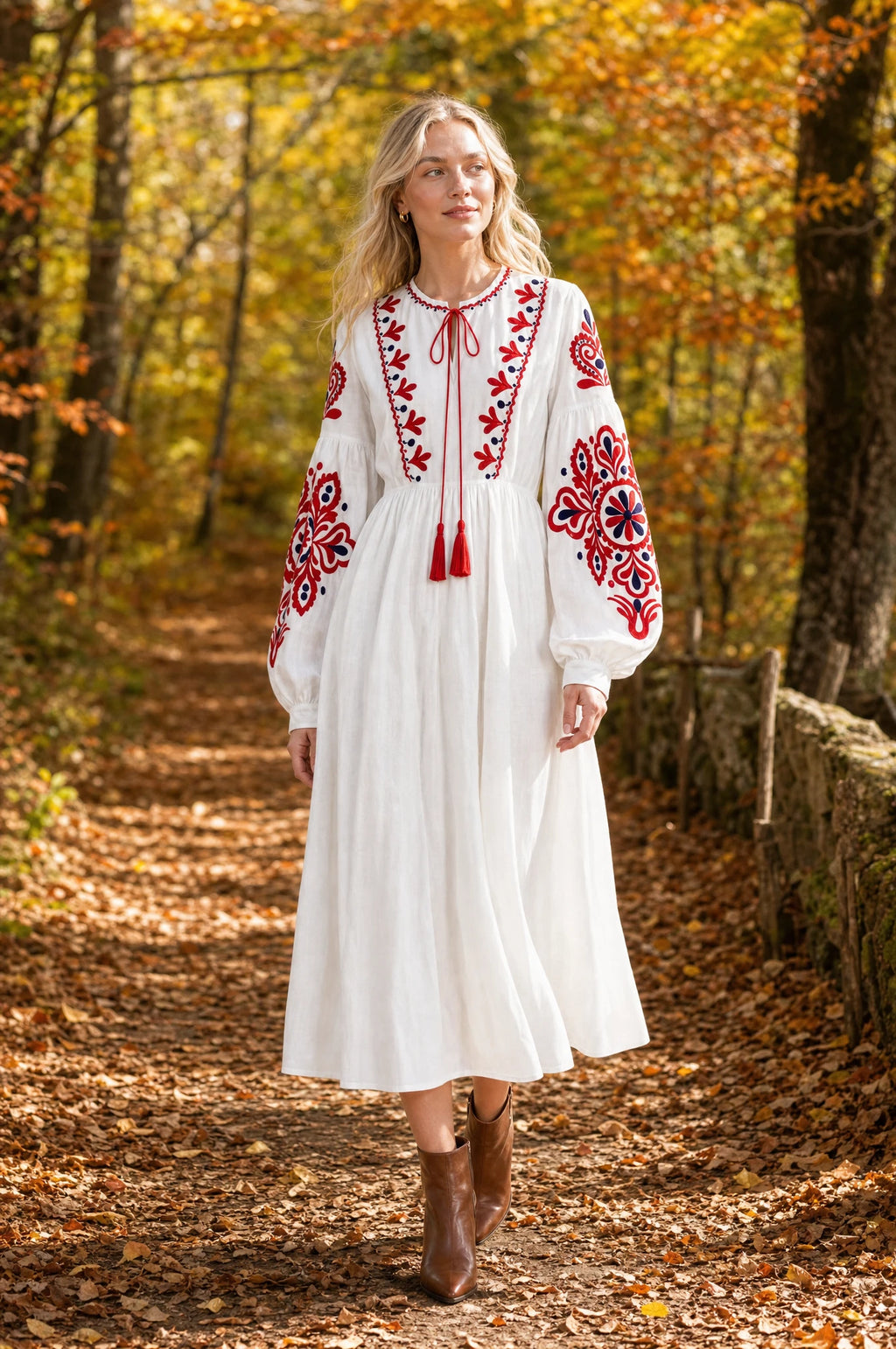 Robe bohème brodée blanche Faustine portée par Sophie sur un sentier forestier doré en automne, feuillages orangés, bottines marron, ambiance chaleureuse et naturelle