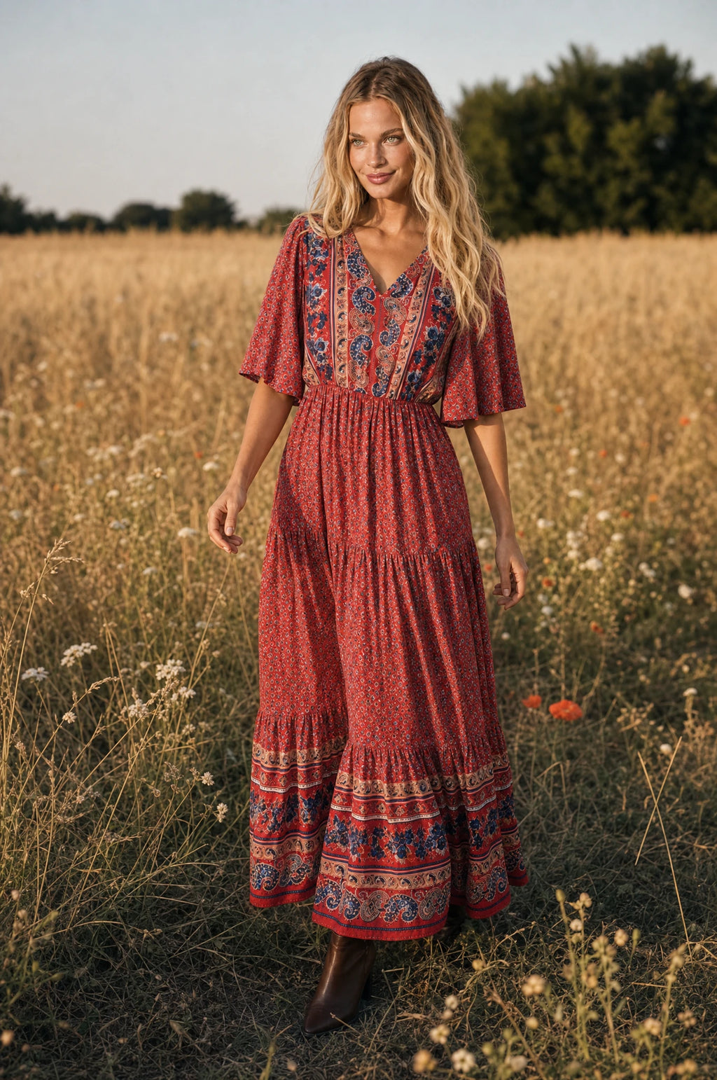Robe bohème longue fleurie rouge Marguerite portée par Aude dans un champ de blé doré au coucher du soleil, bottines marron, ambiance champêtre chaleureuse de fin de journée