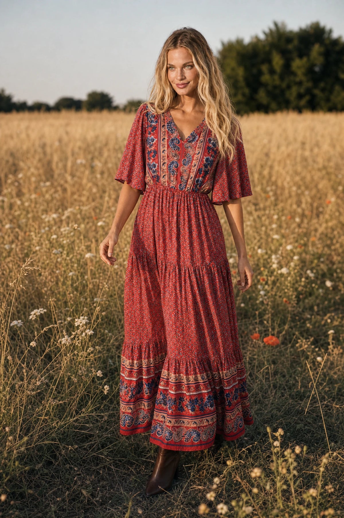Robe bohème longue fleurie rouge Marguerite portée par Aude dans un champ de blé doré au coucher du soleil, bottines marron, ambiance champêtre chaleureuse de fin de journée Image