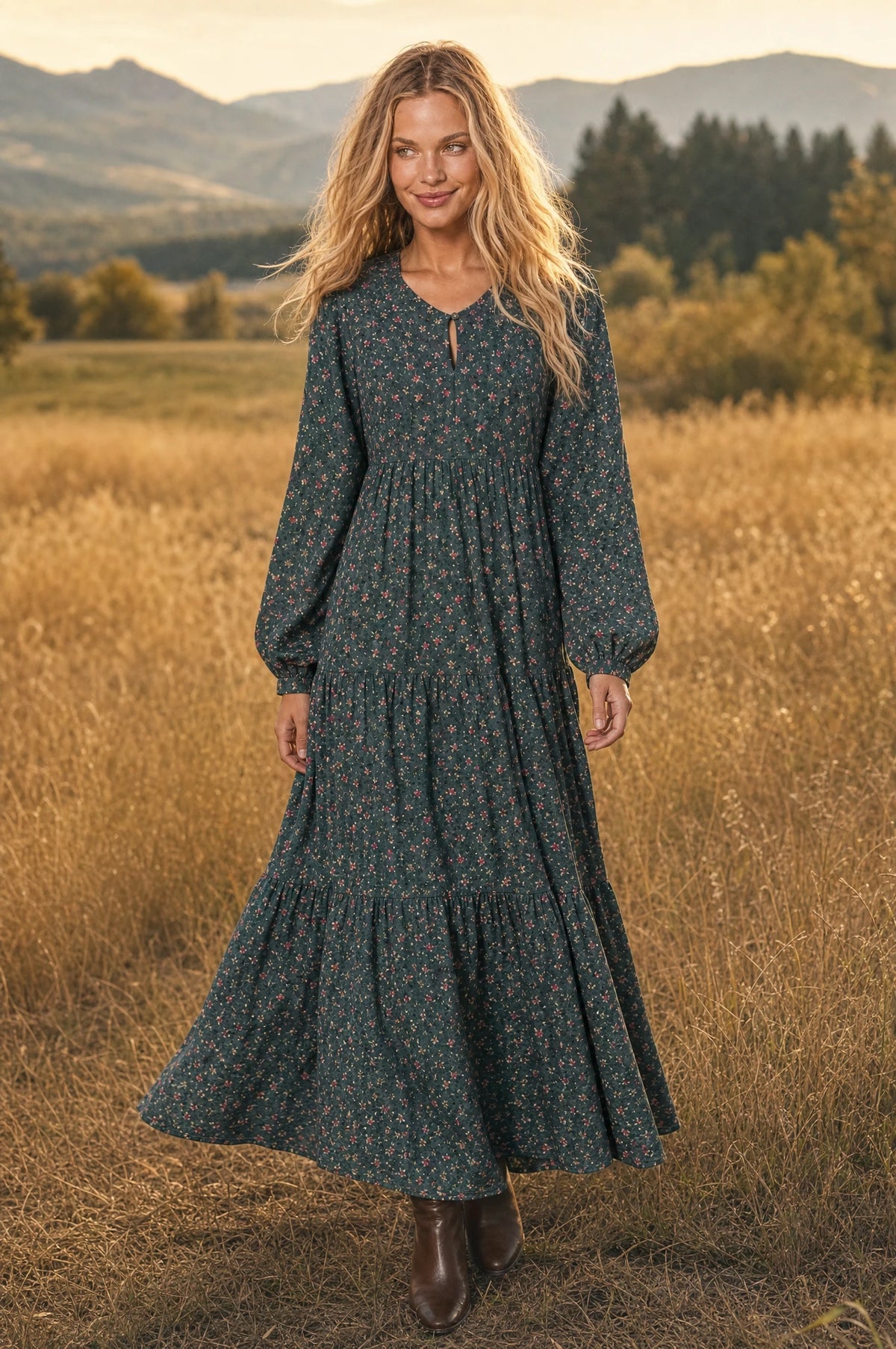 Robe bohème champêtre fleurie verte Roxane portée par Aude dans un champ doré au coucher du soleil, bottines marron, ambiance champêtre chaleureuse de fin de journée