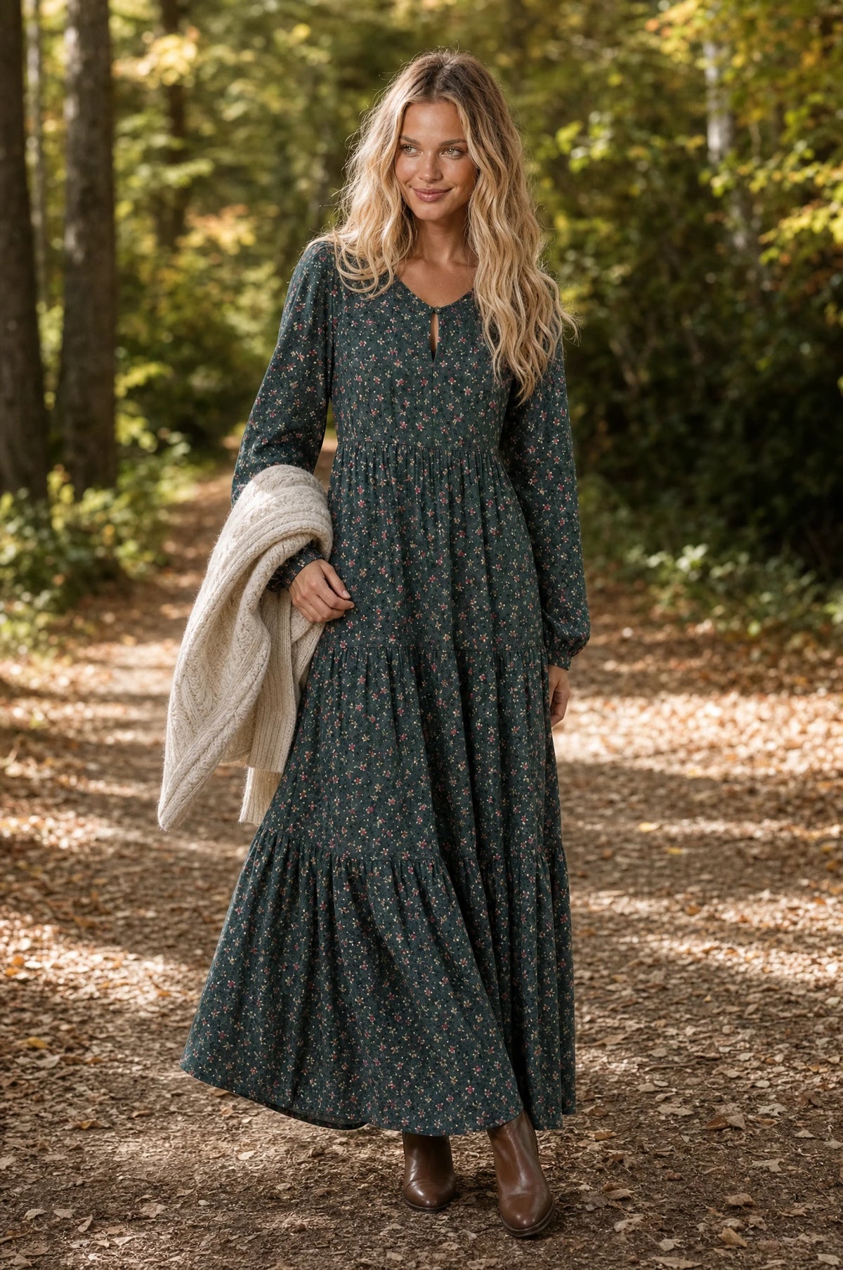 Robe bohème champêtre fleurie verte Roxane portée par Aude sur un sentier forestier en automne, gilet en maille crème sur le bras, bottines marron, ambiance chaleureuse et naturelle