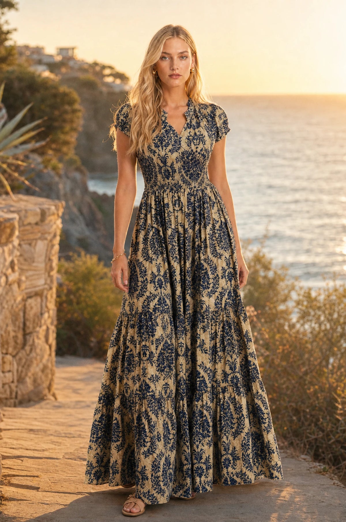 Robe bohème longue fleurie Océane portée par Sophie sur un sentier côtier au coucher du soleil, mer en arrière-plan, ambiance vacances d'été romantique Image
