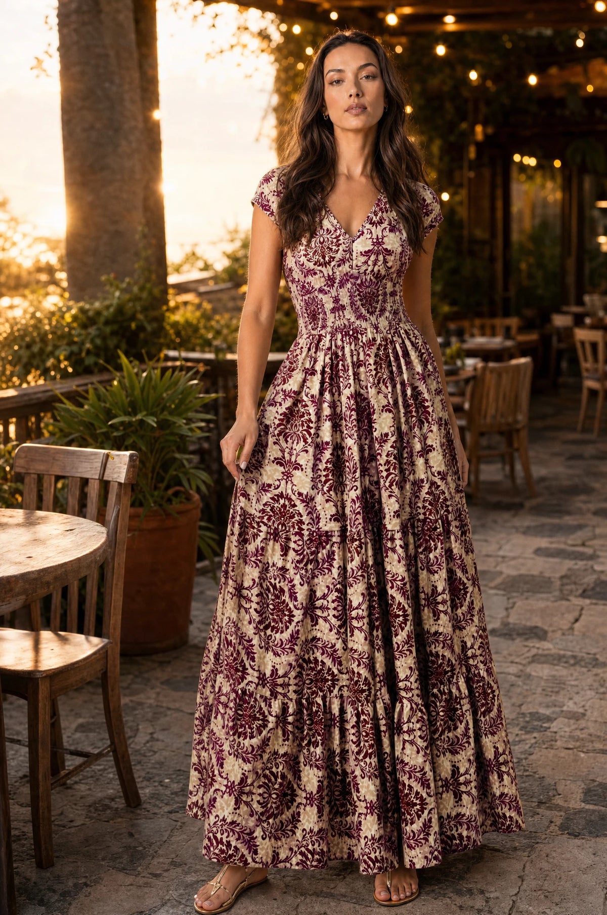 Robe bohème longue fleurie Iris portée par Nath sur une terrasse de restaurant au coucher du soleil, guirlandes lumineuses, ambiance romantique de soirée d'été Image