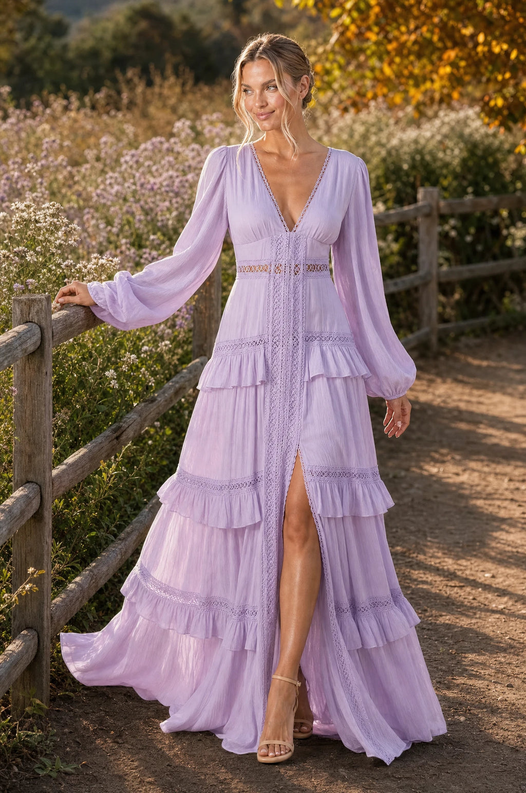 Robe bohème longue violette Séraphine portée par Aude dans une allée de jardin champêtre au coucher du soleil, main posée sur une clôture en bois, ambiance automnale chaleureuse et fleurie