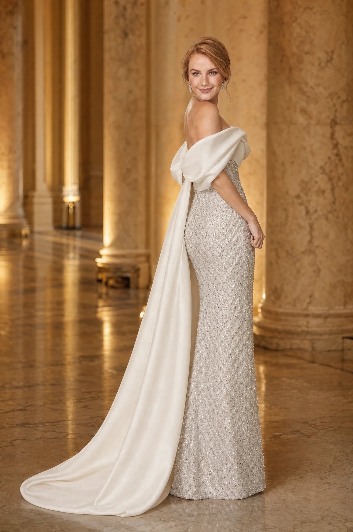 Robe bustier pailletée blanc argenté Albertine portée par Julie dans une salle de bal à colonnes de marbre, regard par-dessus l'épaule, traîne en satin déployée au sol, ambiance dorée élégante