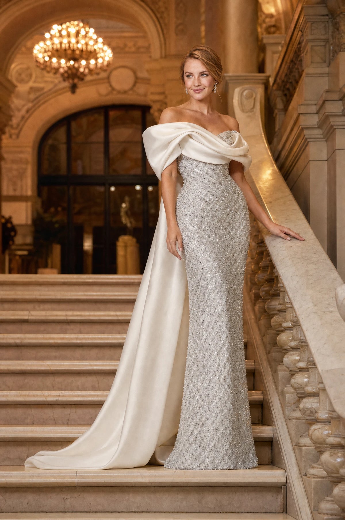 Robe bustier pailletée blanc argenté Albertine portée par Julie en haut d'un escalier en marbre d'un lieu de gala le soir, traîne en satin déployée sur les marches, ambiance dorée et chaleureuse Image