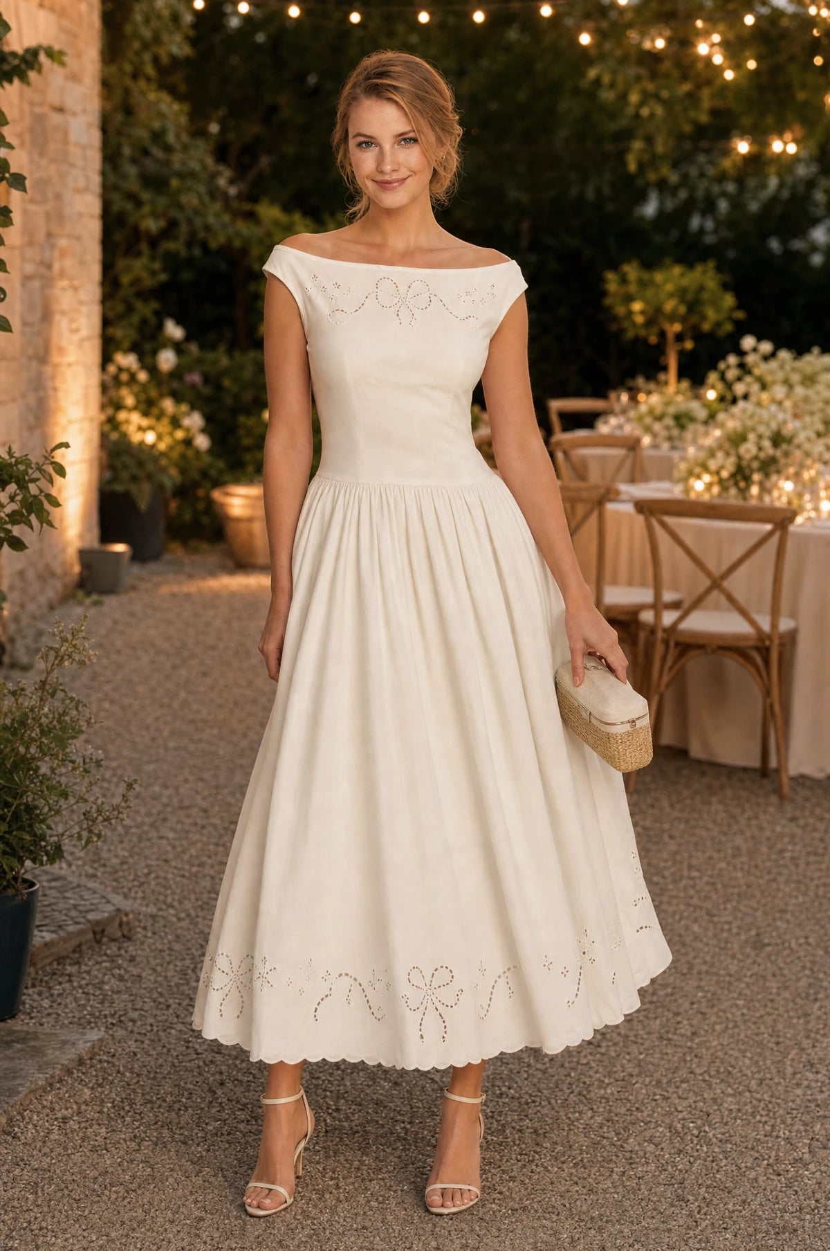 Robe chic blanche Blanche portée par Julie lors d'une réception de mariage en plein air au crépuscule, guirlande lumineuse et tables fleuries, pochette en osier à la main, ambiance élégante Image