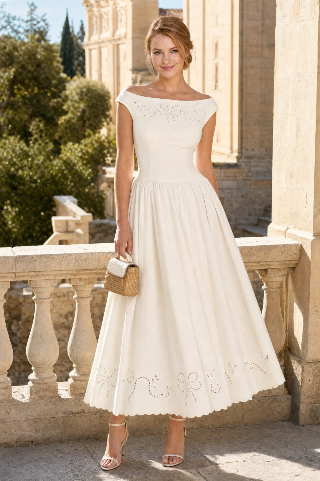 Robe chic blanche Blanche portée par Julie sur une terrasse en pierre à l'architecture classique ensoleillée, pochette en osier à la main, ambiance chic méditerranéenne