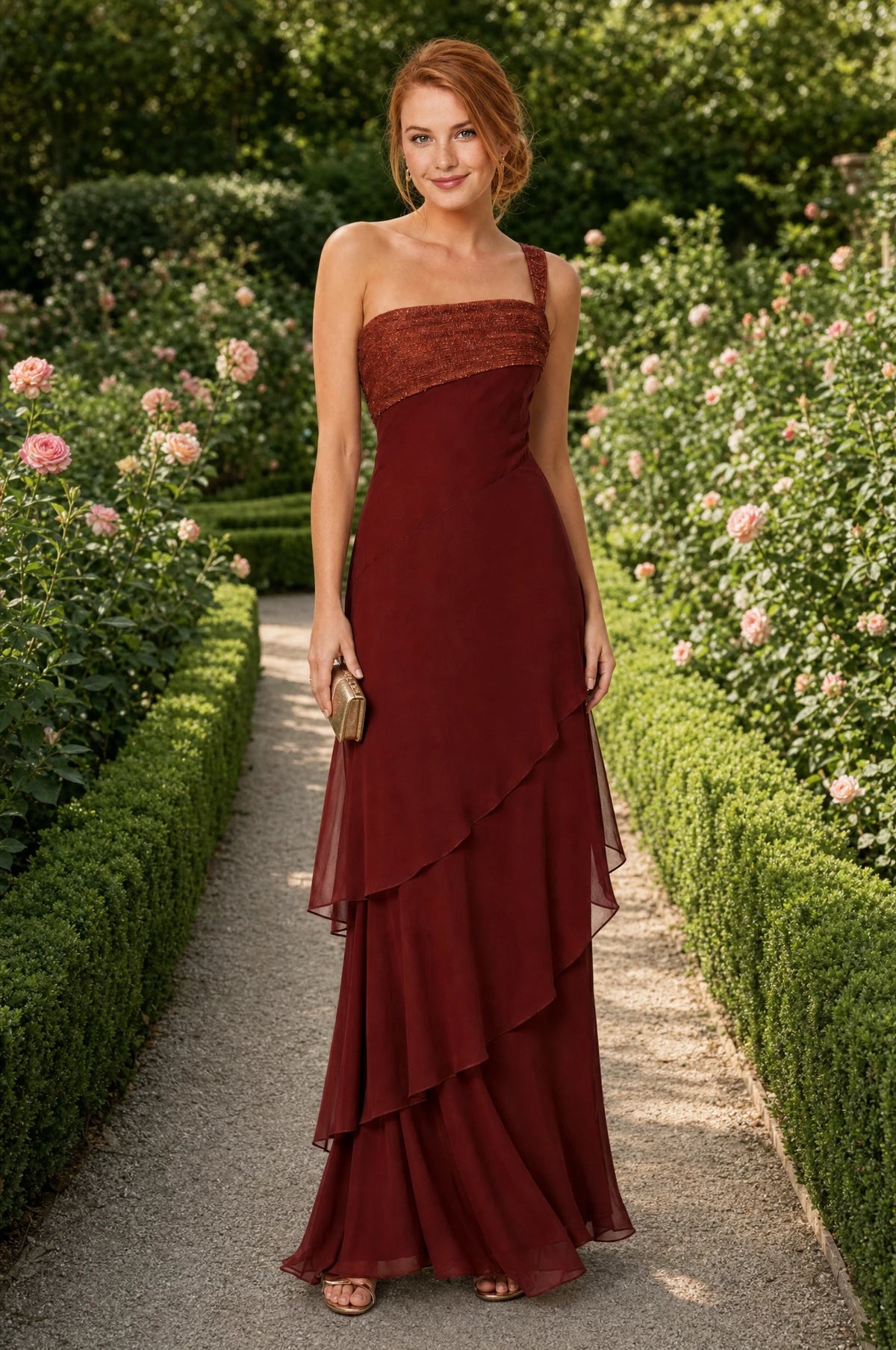 Robe chic longue bordeaux Aurore portée par Julie dans une allée de roseraie en journée, haies taillées et rosiers fleuris, pochette dorée à la main, ambiance mariage élégante