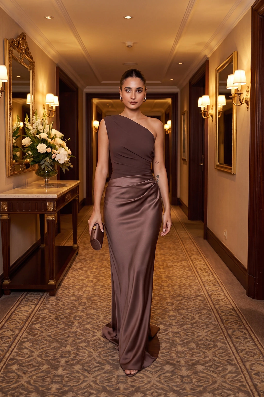 Robe chic longue Jade marron portée dans un hôtel élégant sans alcool, épaule asymétrique, drapé satiné et allure soirée