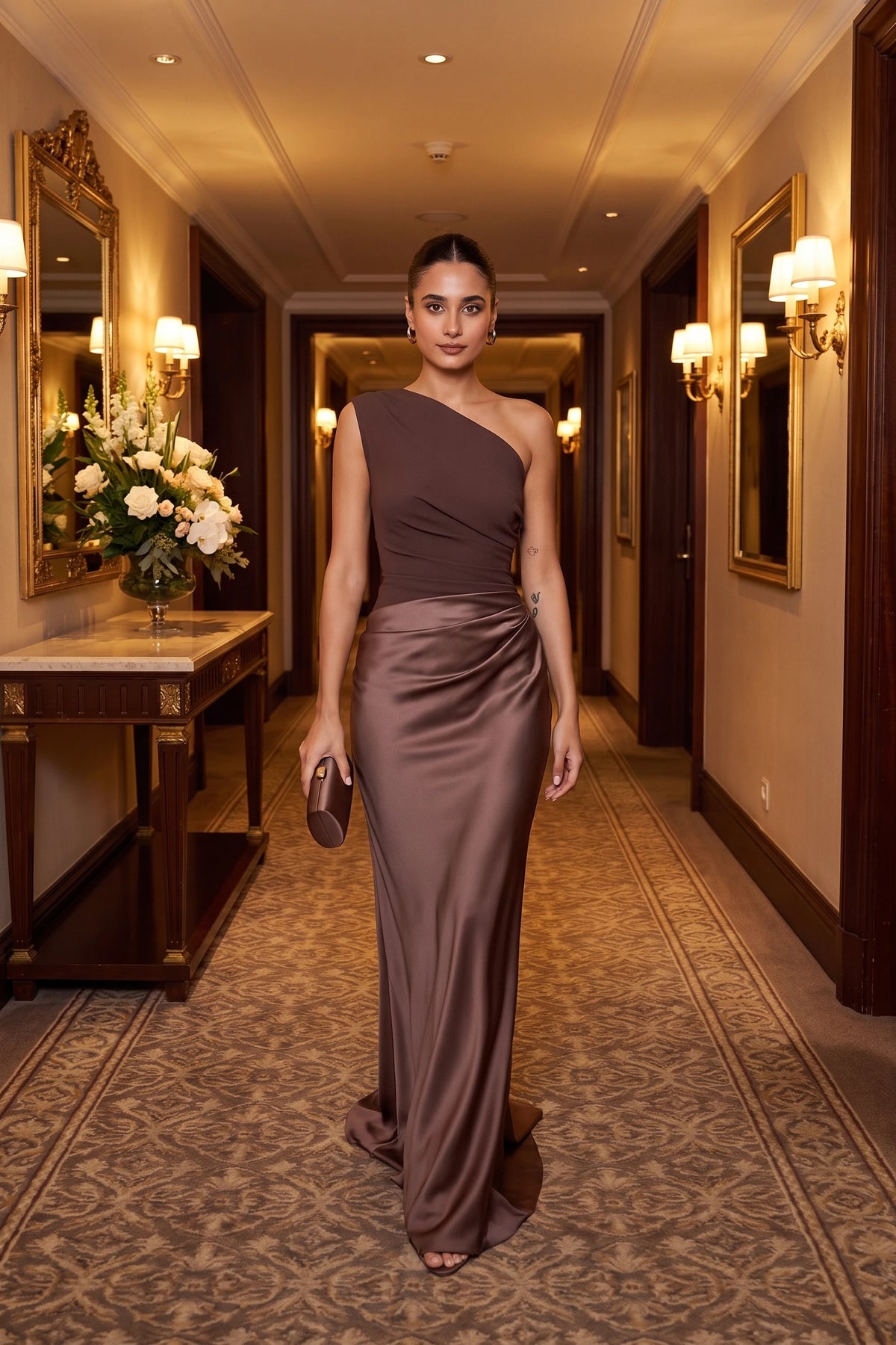 Robe chic longue Jade marron portée dans un hôtel élégant sans alcool, épaule asymétrique, drapé satiné et allure soirée