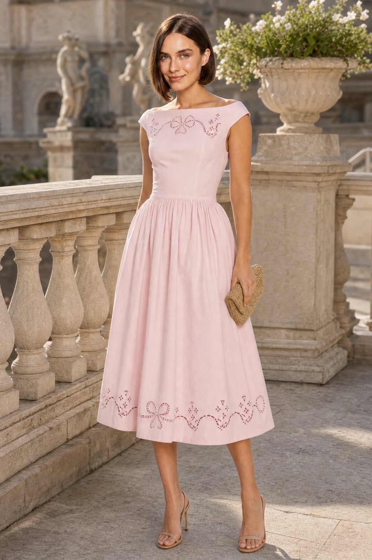 Robe chic rose brodée Anaïs portée par Élodie lors d'une réception de mariage en plein air au crépuscule, guirlande lumineuse et tables fleuries, pochette en raphia à la main, ambiance élégante