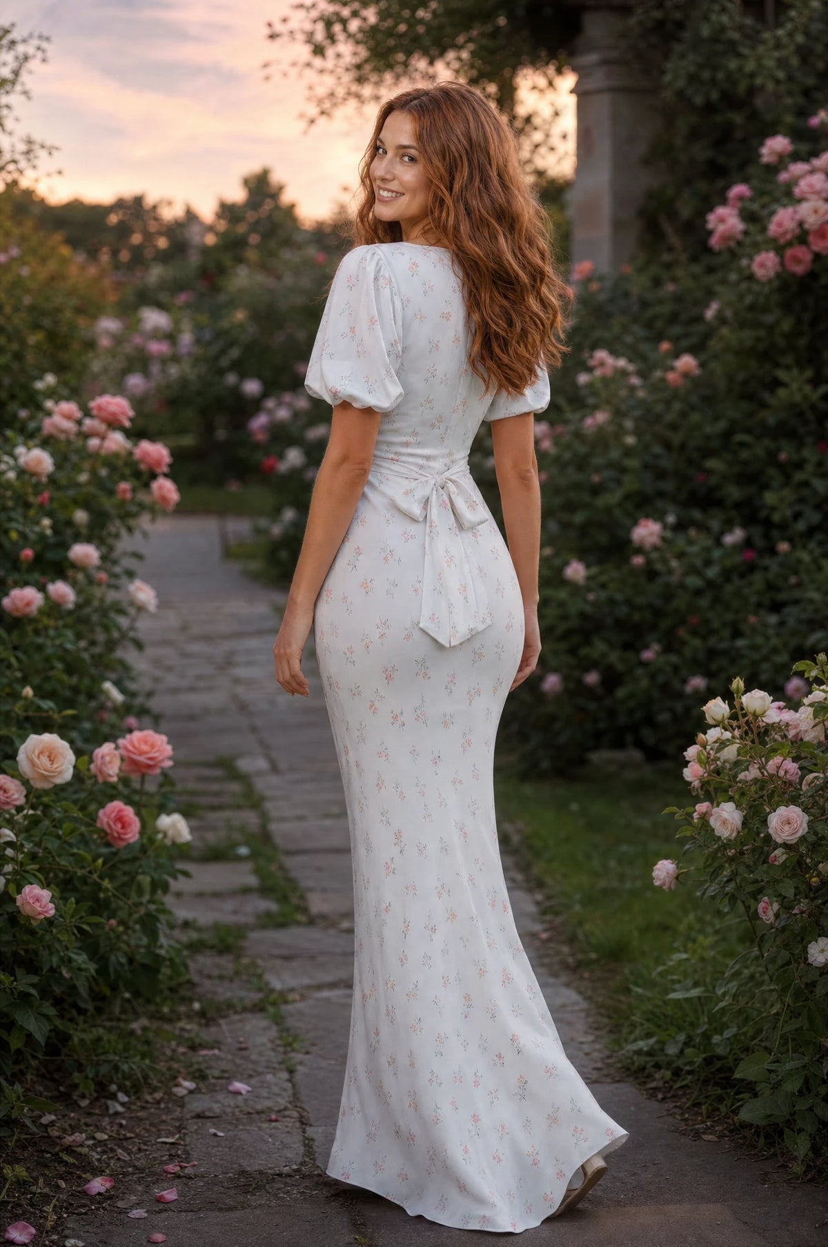 Robe cocktail blanche fleurie Aliénor portée par Julie en mouvement dans une allée de roseraie au coucher du soleil, nœud noué à la taille dans le dos, regard par-dessus l'épaule, mains libres, ambiance romantique