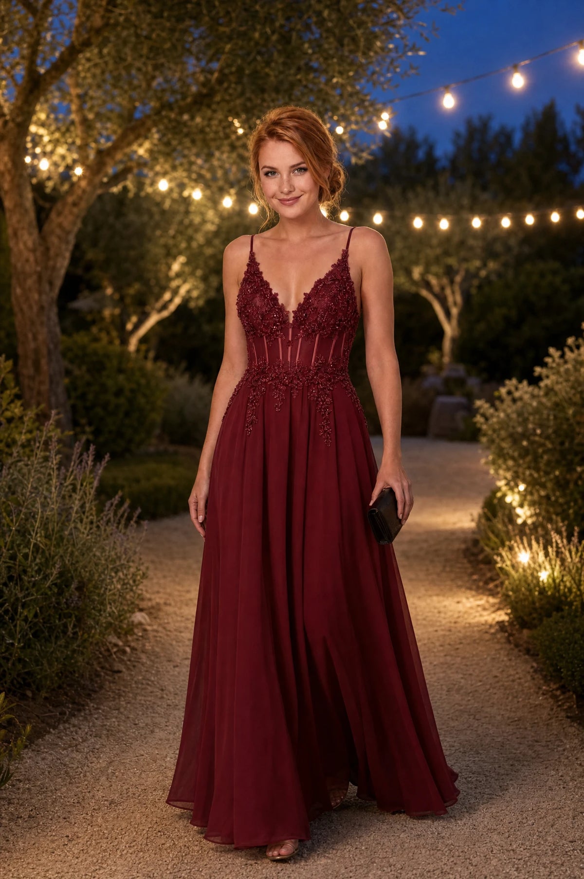 Robe cocktail bordeaux Valentine portée par Julie sur une allée de jardin au crépuscule, guirlande lumineuse dans les arbres, pochette à la main, ambiance romantique en soirée