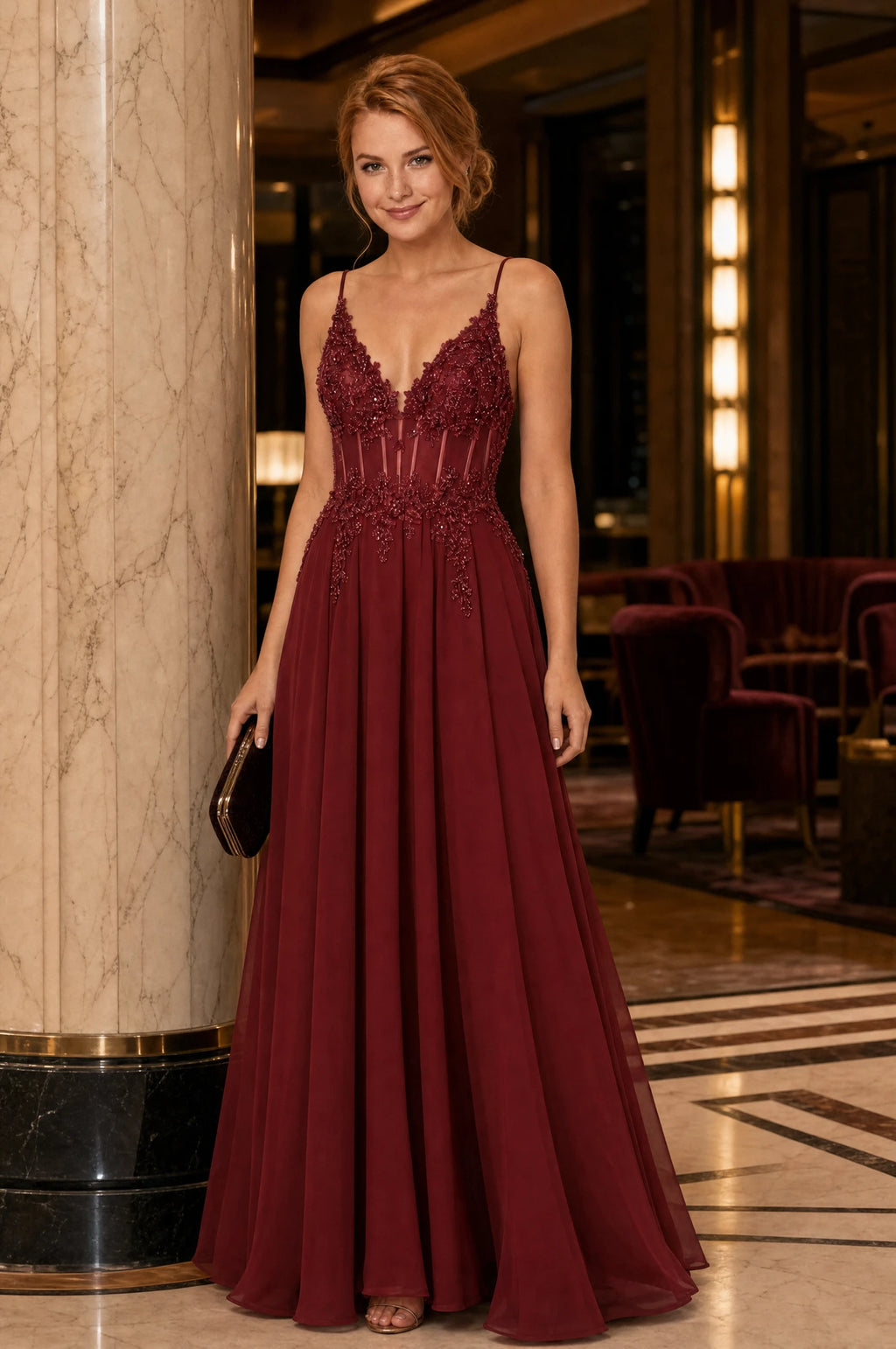 Robe cocktail bordeaux Valentine portée par Julie dans un lounge d'hôtel élégant le soir, colonnes en marbre et fauteuils en velours, pochette à la main, ambiance chic feutrée