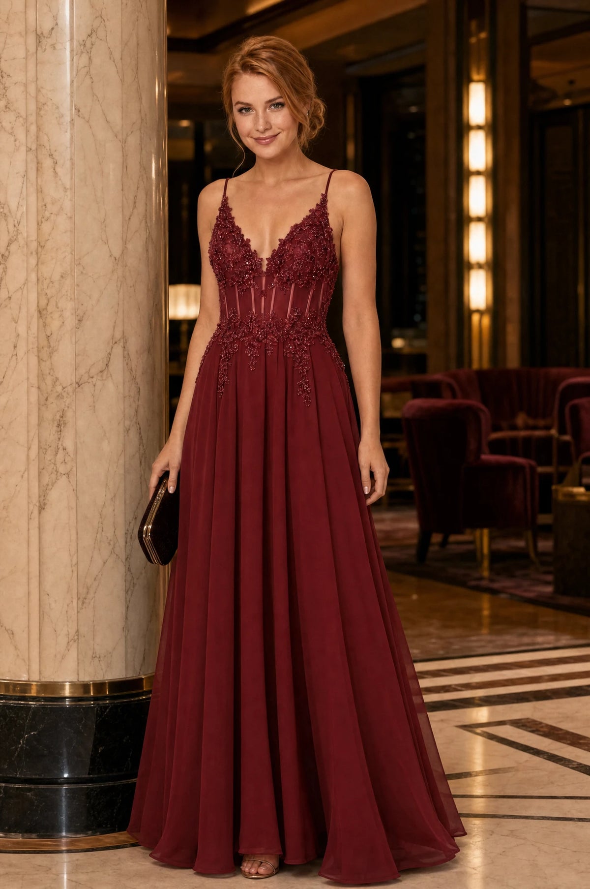 Robe cocktail bordeaux Valentine portée par Julie dans un lounge d'hôtel élégant le soir, colonnes en marbre et fauteuils en velours, pochette à la main, ambiance chic feutrée Image