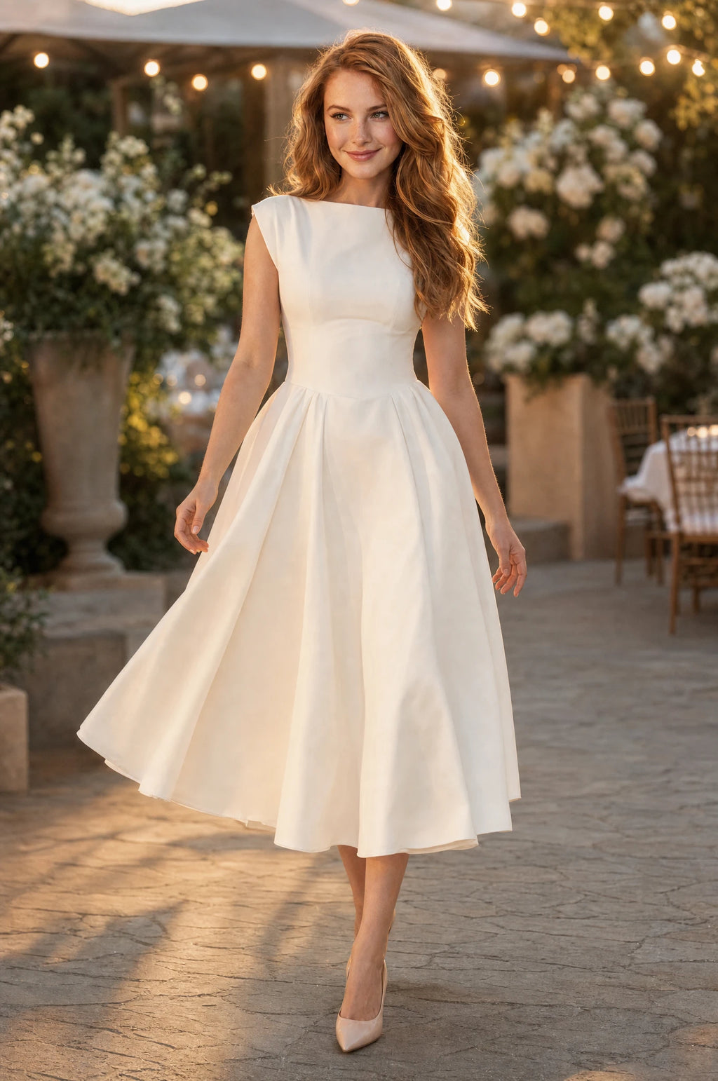 Robe cocktail blanche Charlotte portée par Julie lors d'une réception de mariage en extérieur au coucher du soleil, guirlandes lumineuses et fleurs blanches en arrière-plan, ambiance festive dorée