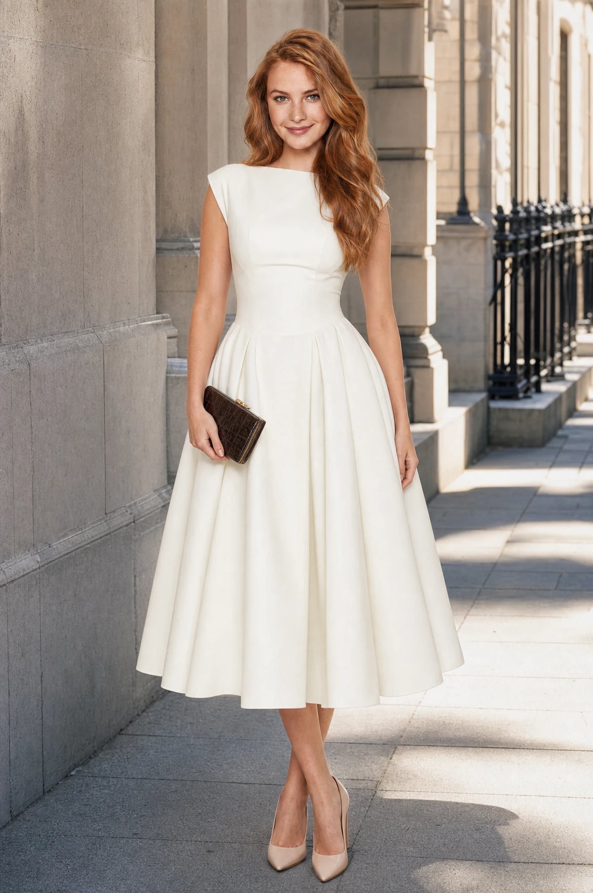 Robe cocktail blanche Charlotte portée par Julie dans une rue élégante à l'architecture en pierre classique, pochette structurée à la main, ambiance chic urbaine