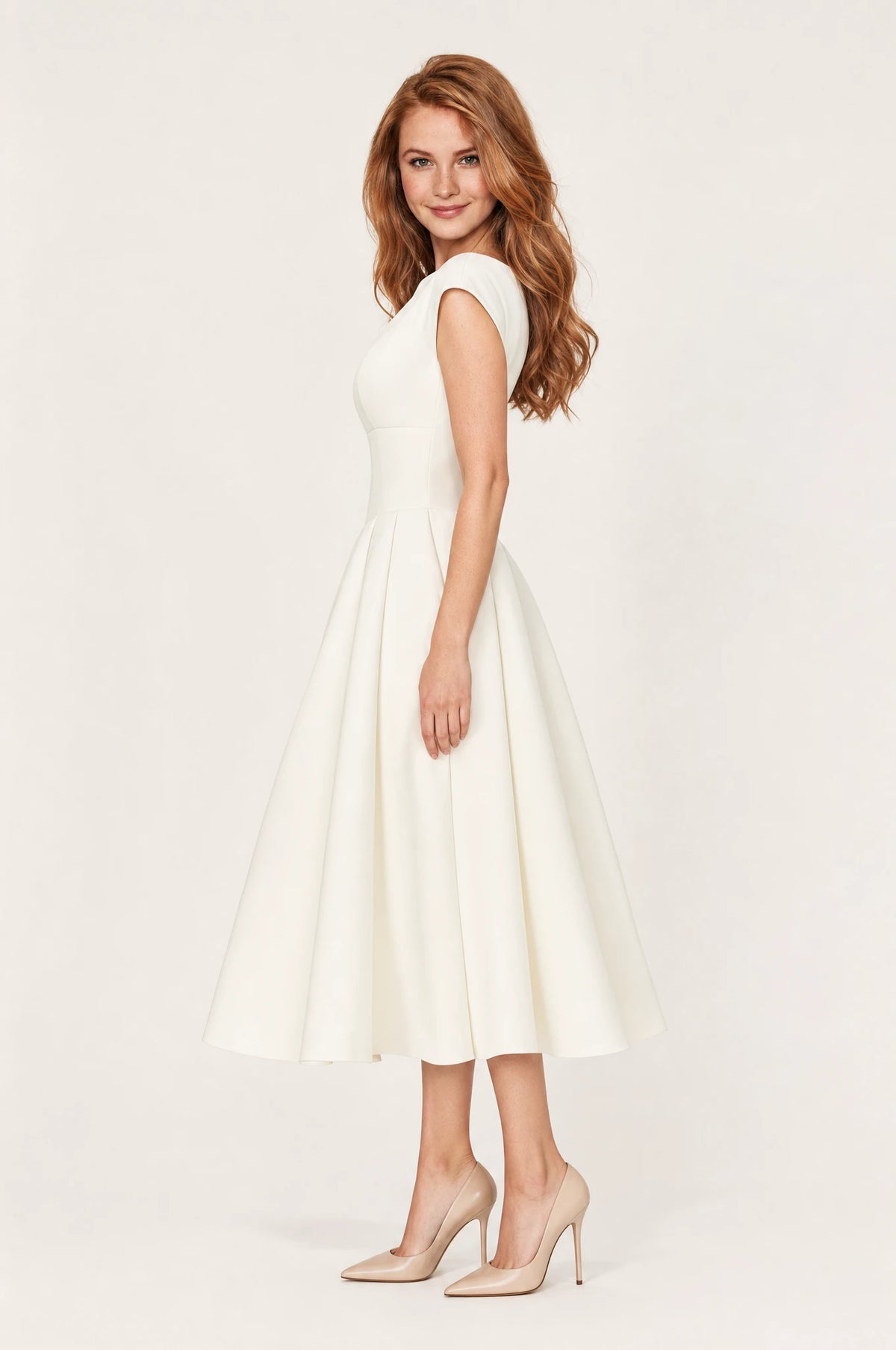 Robe cocktail blanche Charlotte vue de profil portée par Julie, taille cintrée, jupe évasée en corolle avec plis creux