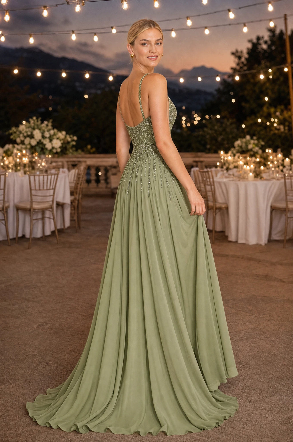Robe demoiselle d'honneur vert sauge Clémentine portée par Sophie sur une terrasse de réception de mariage au crépuscule avec guirlandes lumineuses, regard par-dessus l'épaule, ambiance festive élégante