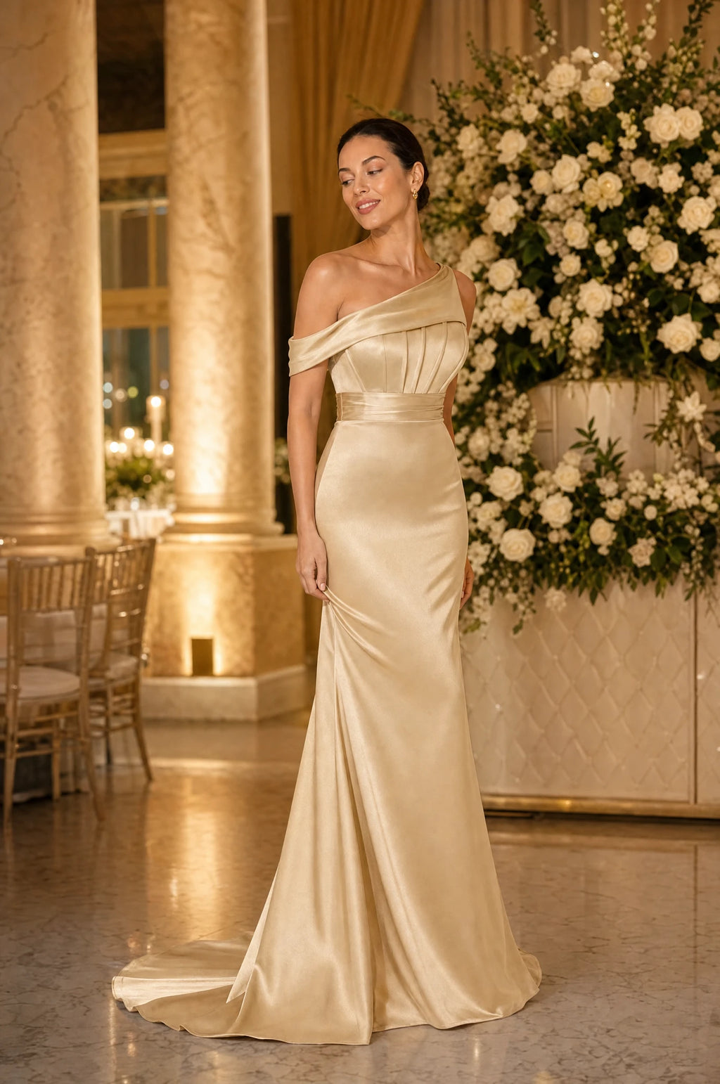 Robe demoiselle d'honneur sirène asymétrique champagne Pénélope portée par Nath dans un hall de réception à colonnes de marbre décoré de roses blanches, regard tourné sur le côté, traîne déployée au sol, ambiance dorée et chaleureuse