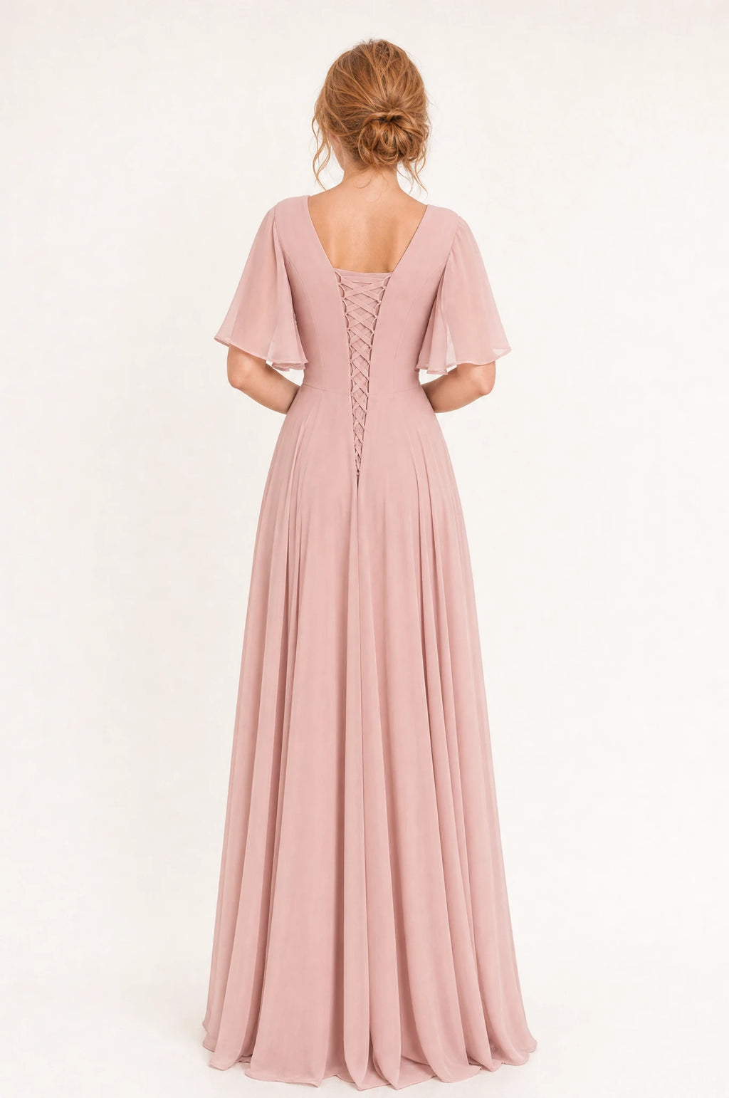 Dos de la robe demoiselle d'honneur mousseline rose blush Rosalie portée par Julie, encolure dos carrée, laçage croisé ajustable, manches papillon, jupe évasée en mousseline