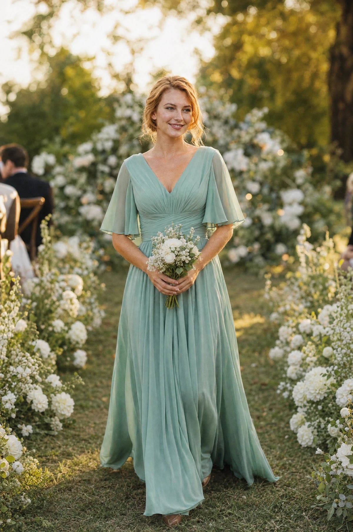 Robe demoiselle d'honneur mousseline vert sauge Rosalie portée par Julie dans l'allée d'une cérémonie de mariage en extérieur bordée de fleurs blanches, bouquet à la main, lumière dorée de fin de journée Image