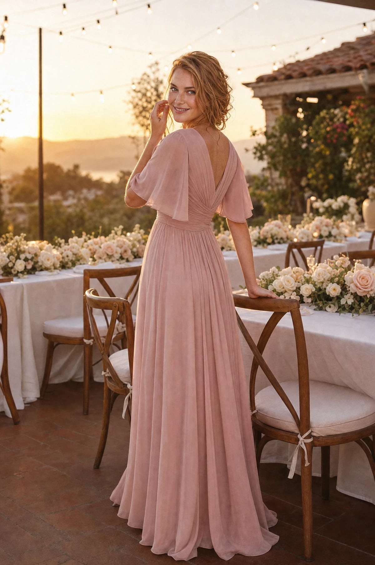 Robe demoiselle d'honneur mousseline rose blush Rosalie portée par Julie sur une terrasse de réception de mariage au coucher du soleil avec guirlandes lumineuses et tables fleuries, regard par-dessus l'épaule