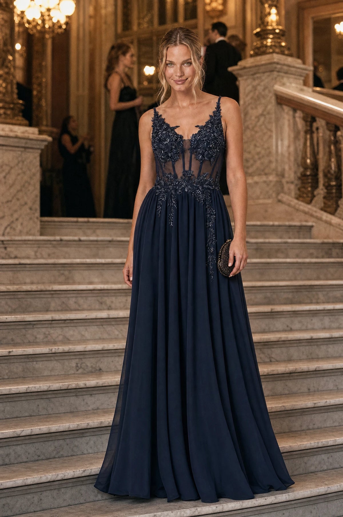 Robe de gala bleu marine Delphine portée par Aude sur le grand escalier en marbre d'un lieu de réception le soir, lustres dorés en arrière-plan, pochette perlée à la main, ambiance gala élégante Image