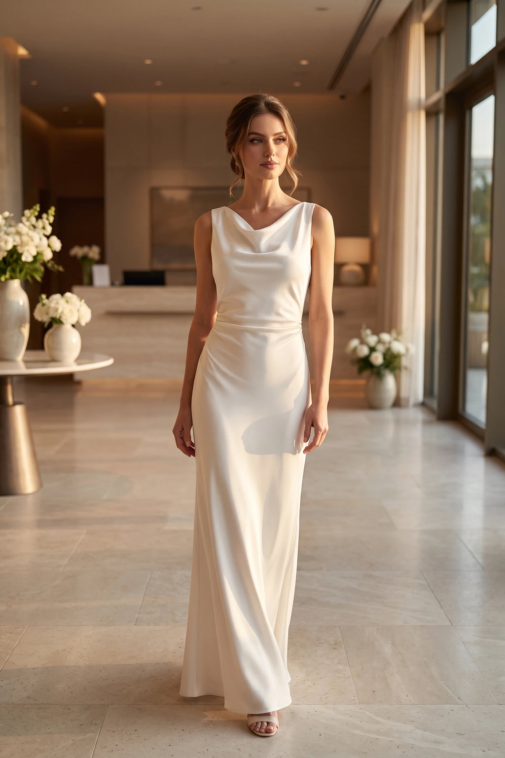 Robe de soirée satinée Élena blanche portée en réception élégante, coupe longue fluide, col licou et allure lumineuse