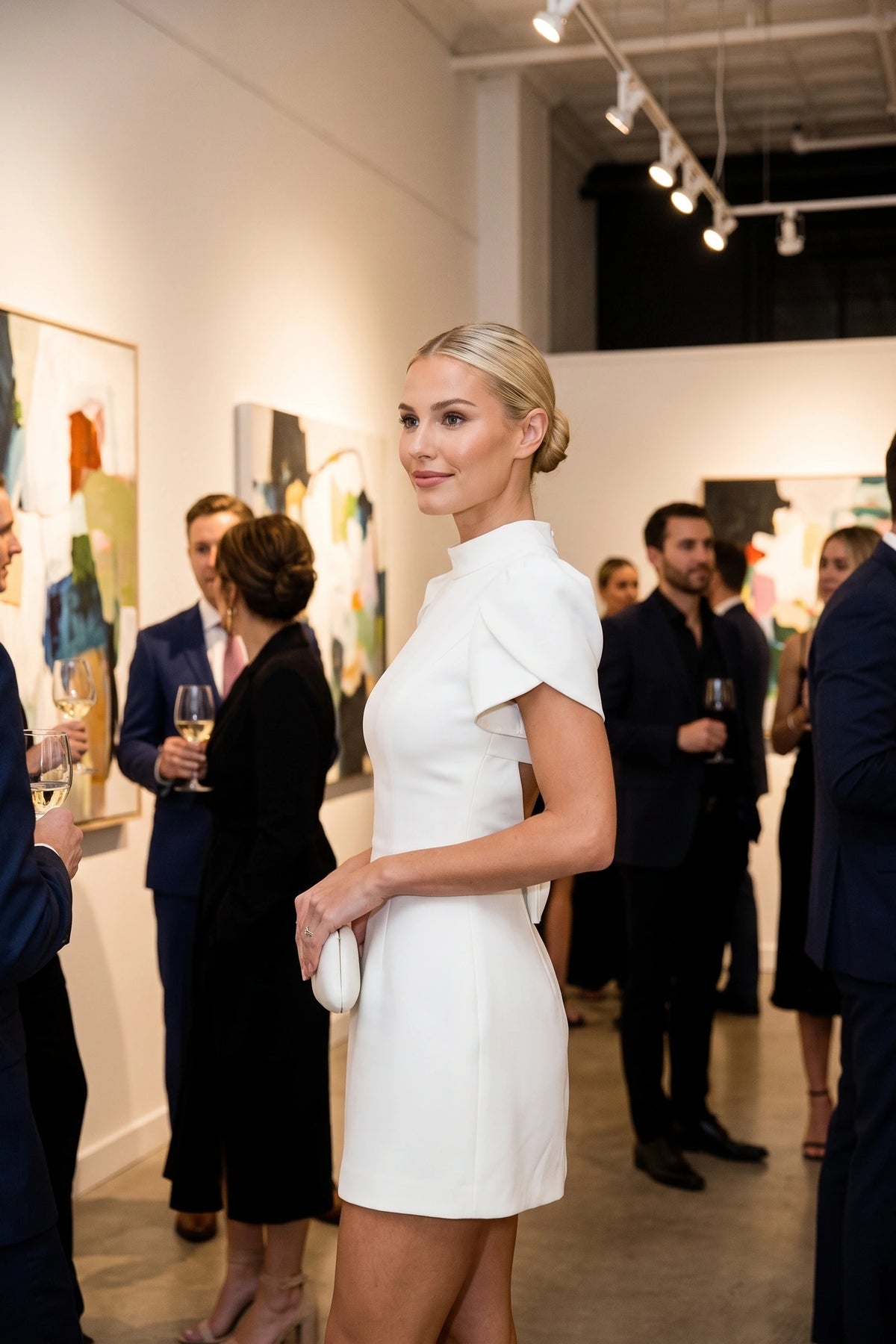 Robe tailleur courte Élise blanche portée par le mannequin Chloé lors d’un vernissage élégant, coupe mini structurée et allure raffinée Image