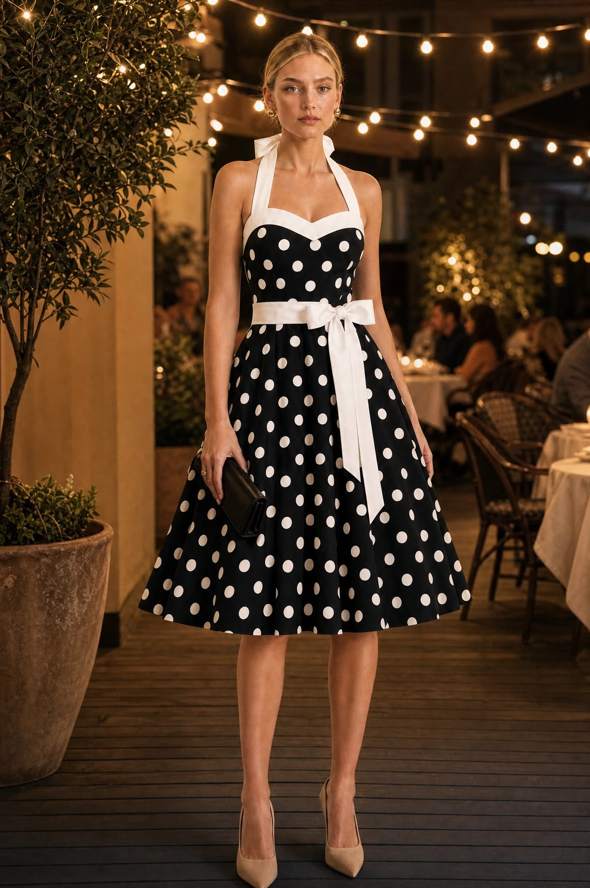 Robe Année 50 noire à pois Amélie portée par Sophie sur une terrasse de restaurant élégante en soirée avec guirlandes lumineuses, pochette noire structurée à la main, ambiance glamour