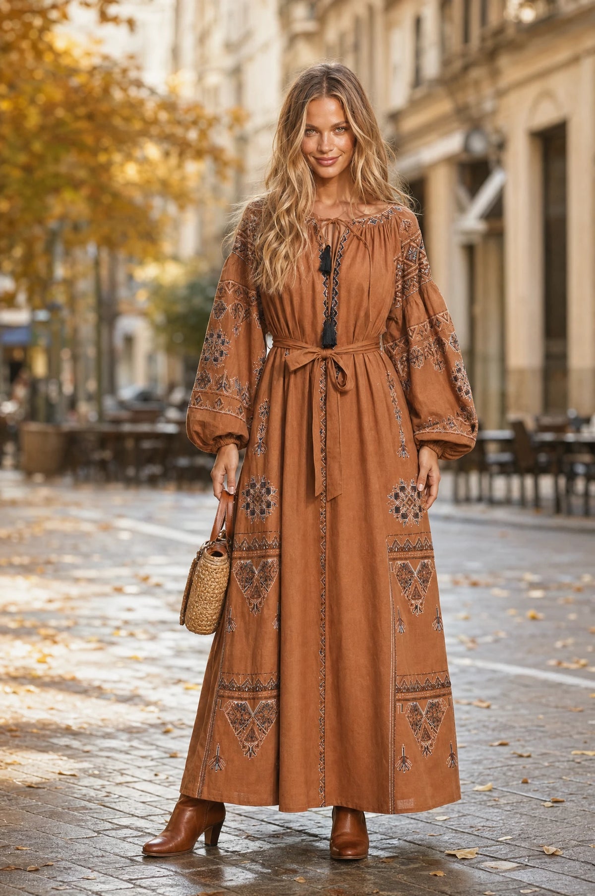 Robe vintage brodée marron Margot portée par Aude dans une rue européenne en automne, sac en paille, feuilles d'automne, look ethnique chic quotidien