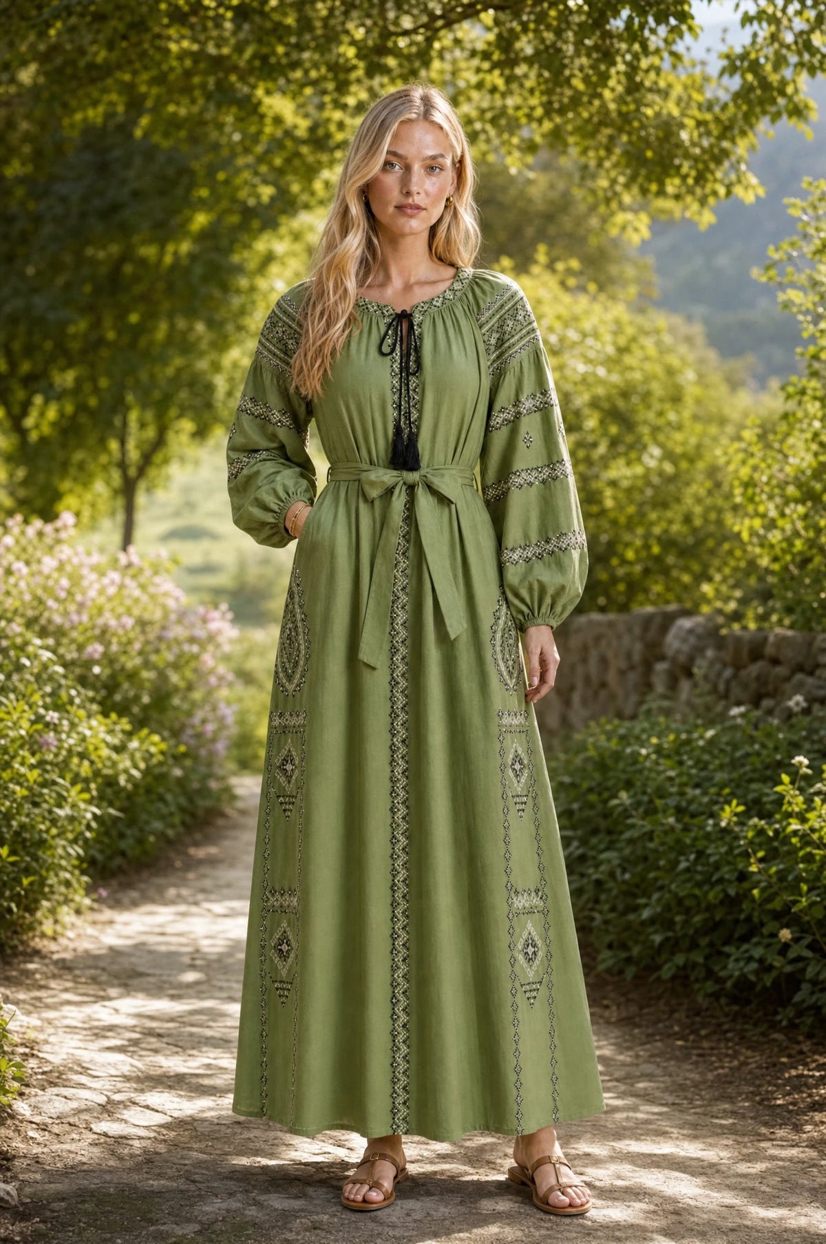 Robe vintage brodée verte Romane portée par Sophie sur un chemin de campagne au coucher du soleil, lumière dorée naturelle, broderie noir et blanc visible, ambiance champêtre romantique