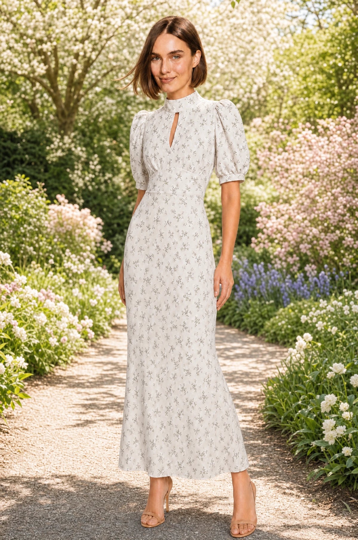 Robe vintage fleurie blanche Clémence portée par Élodie dans une allée de jardin fleuri au printemps, cheveux au vent, mains libres, ambiance romantique et lumineuse