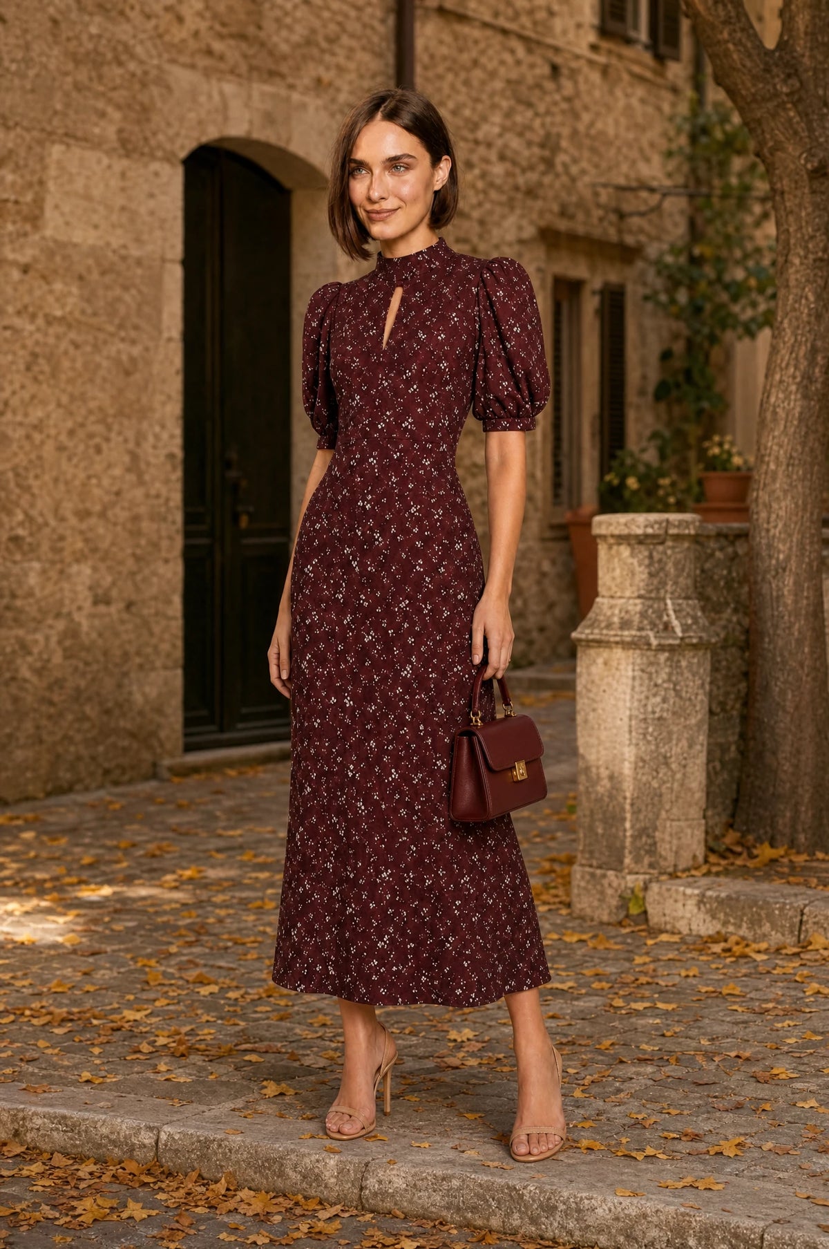 Robe vintage fleurie bordeaux Clémence portée par Élodie dans une ruelle pavée européenne aux façades en pierre en automne, feuilles dorées au sol, petit sac à main bordeaux structuré, ambiance chaleureuse