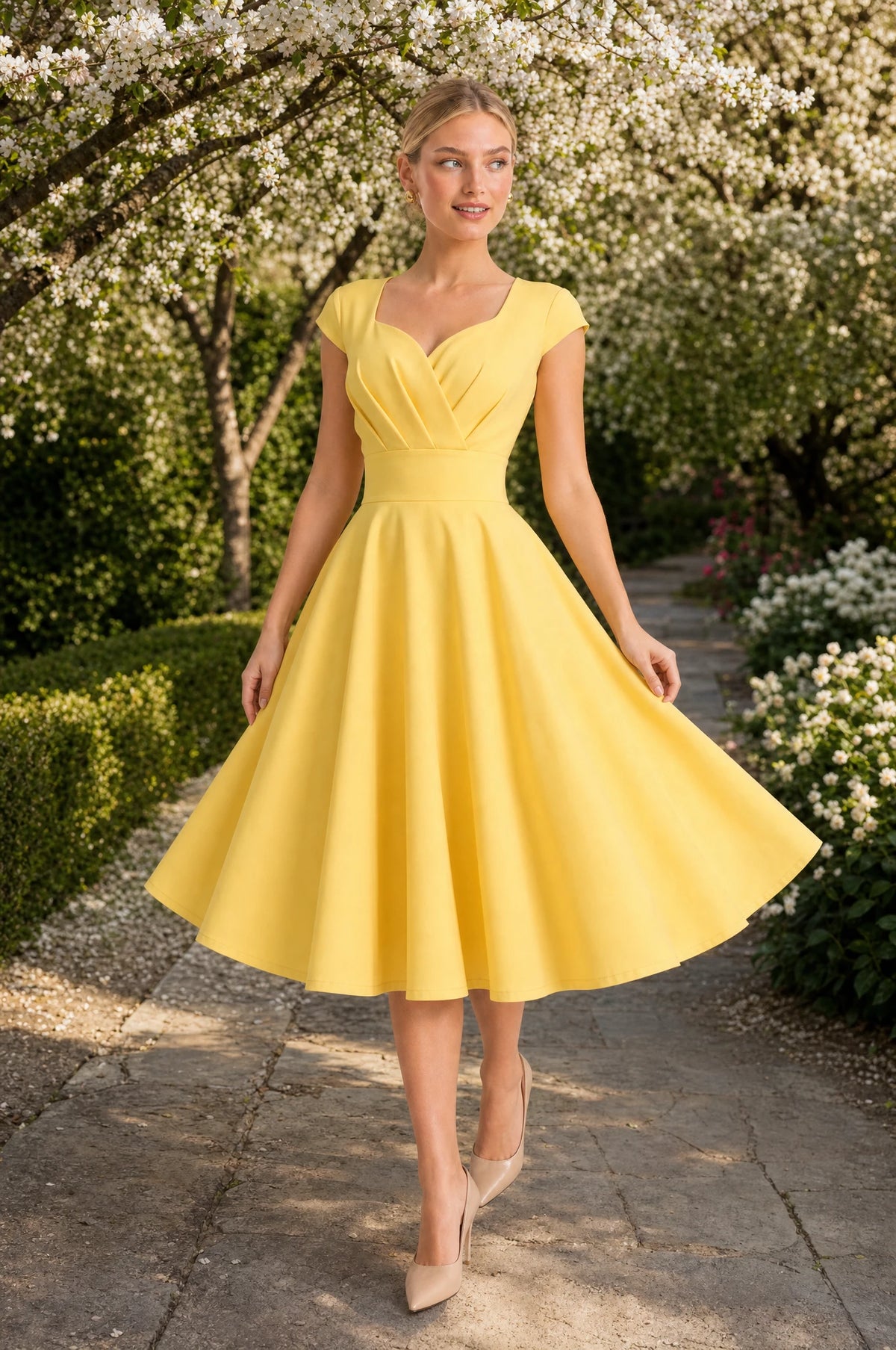 Robe vintage jaune Violette portée par Sophie en marche dans une allée de jardin bordée d'arbres en fleurs au printemps, regard tourné de côté, ambiance douce et lumineuse