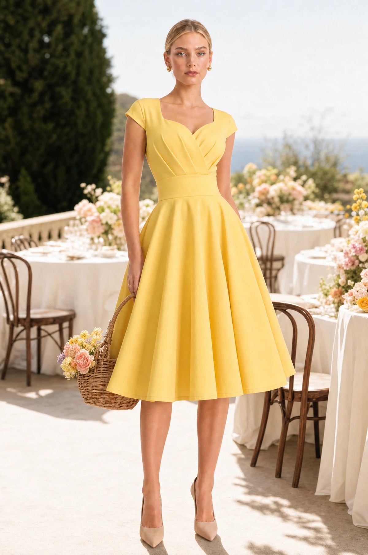 Robe vintage jaune Violette portée par Sophie lors d'une réception de mariage en terrasse ensoleillée, tables rondes fleuries en arrière-plan, panier en osier à la main, ambiance festive élégante