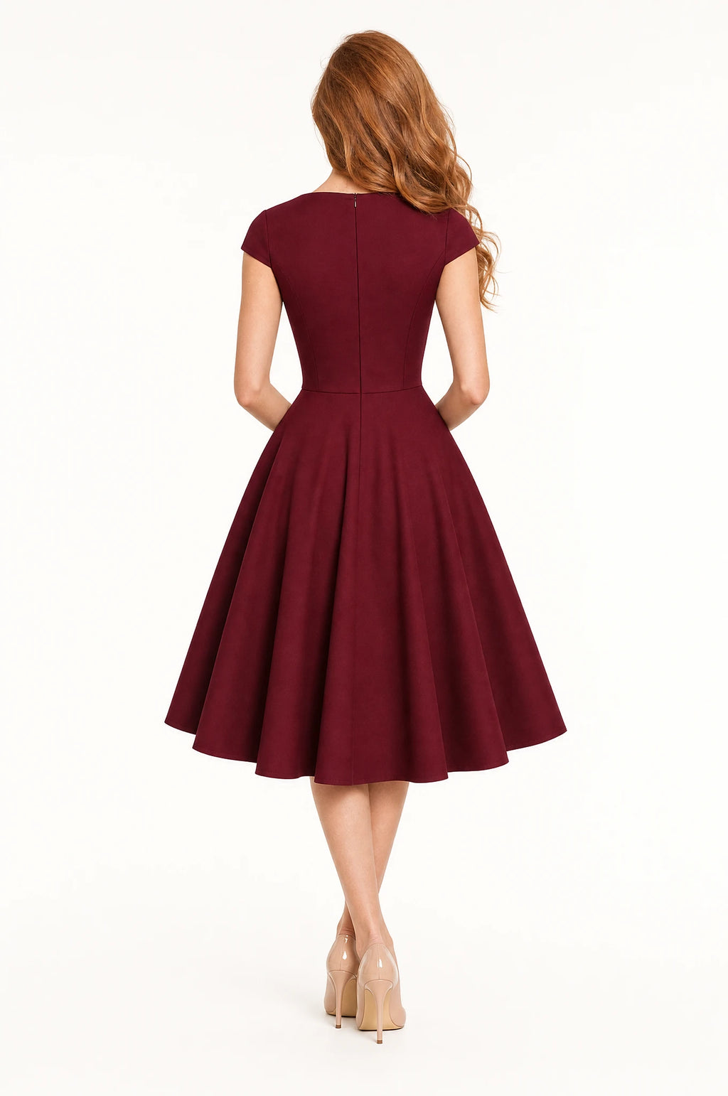 Dos de la robe vintage bleu roi Joséphine portée par Julie, fermeture zippée visible, taille marquée, jupe en corolle ample longueur genou