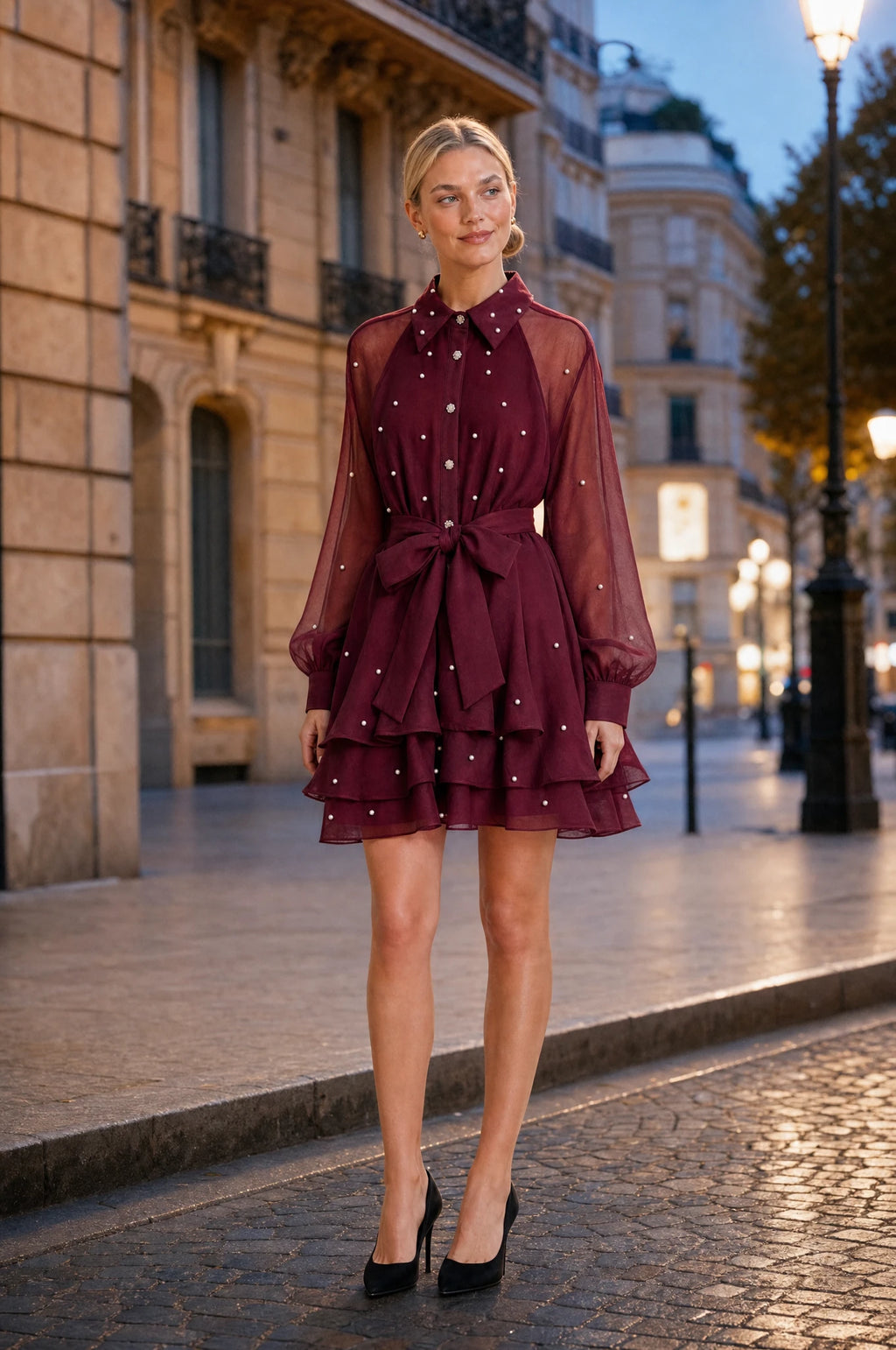 Robe vintage perlée rouge grenat Garance portée par Sophie dans une rue parisienne chic à la tombée de la nuit, façades haussmanniennes et réverbères dorés, ambiance élégante d'heure bleue