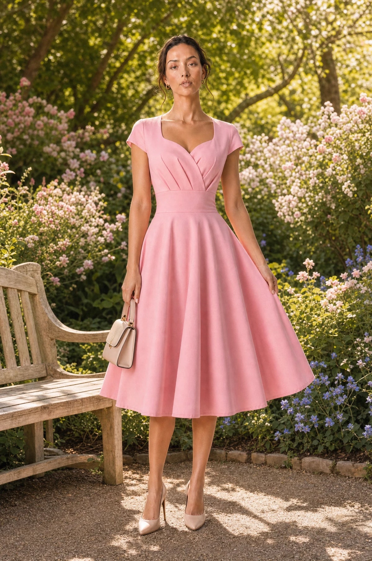 Robe vintage rose Odette portée par Nath dans un jardin fleuri ensoleillé près d'un banc en bois, sac à main structuré beige, ambiance romantique de printemps