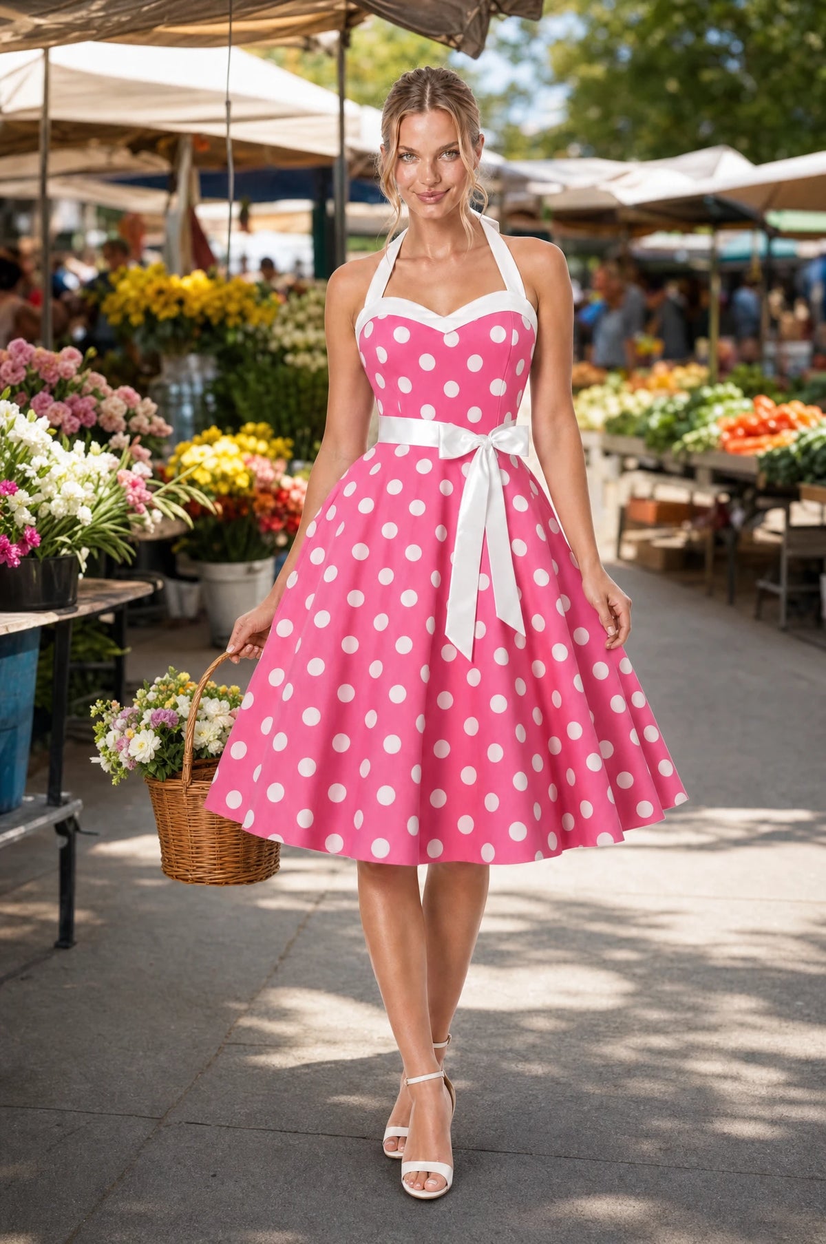 Robe Année 50 rose à pois Simone portée par Aude dans un marché de producteurs en plein air, étals de fleurs colorées, panier en osier à la main, ambiance estivale joyeuse